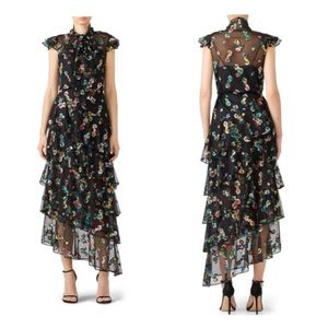 MONIQUE LHUILLIER multicolor floral gown embroidered ruffle tiered black mesh 4